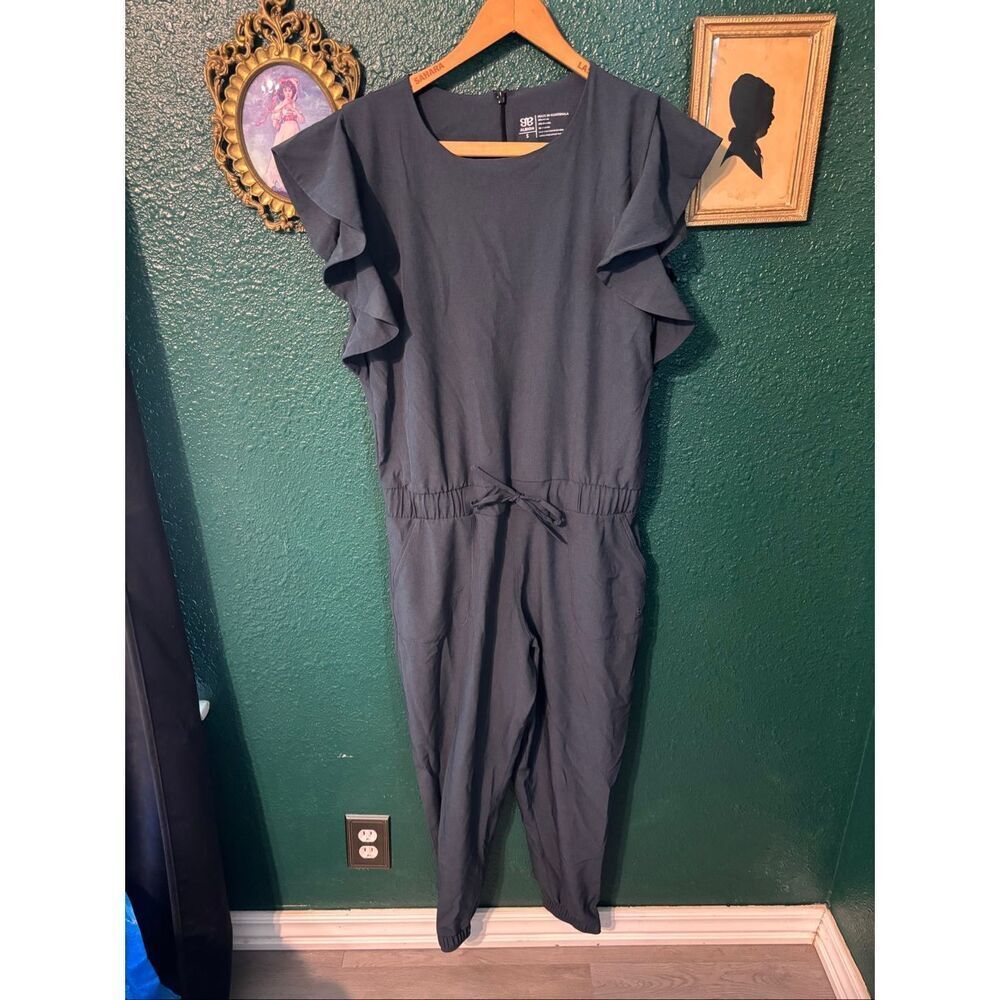 Albion Navy Ruffle Sleeve Drawstring Jumpsuit
